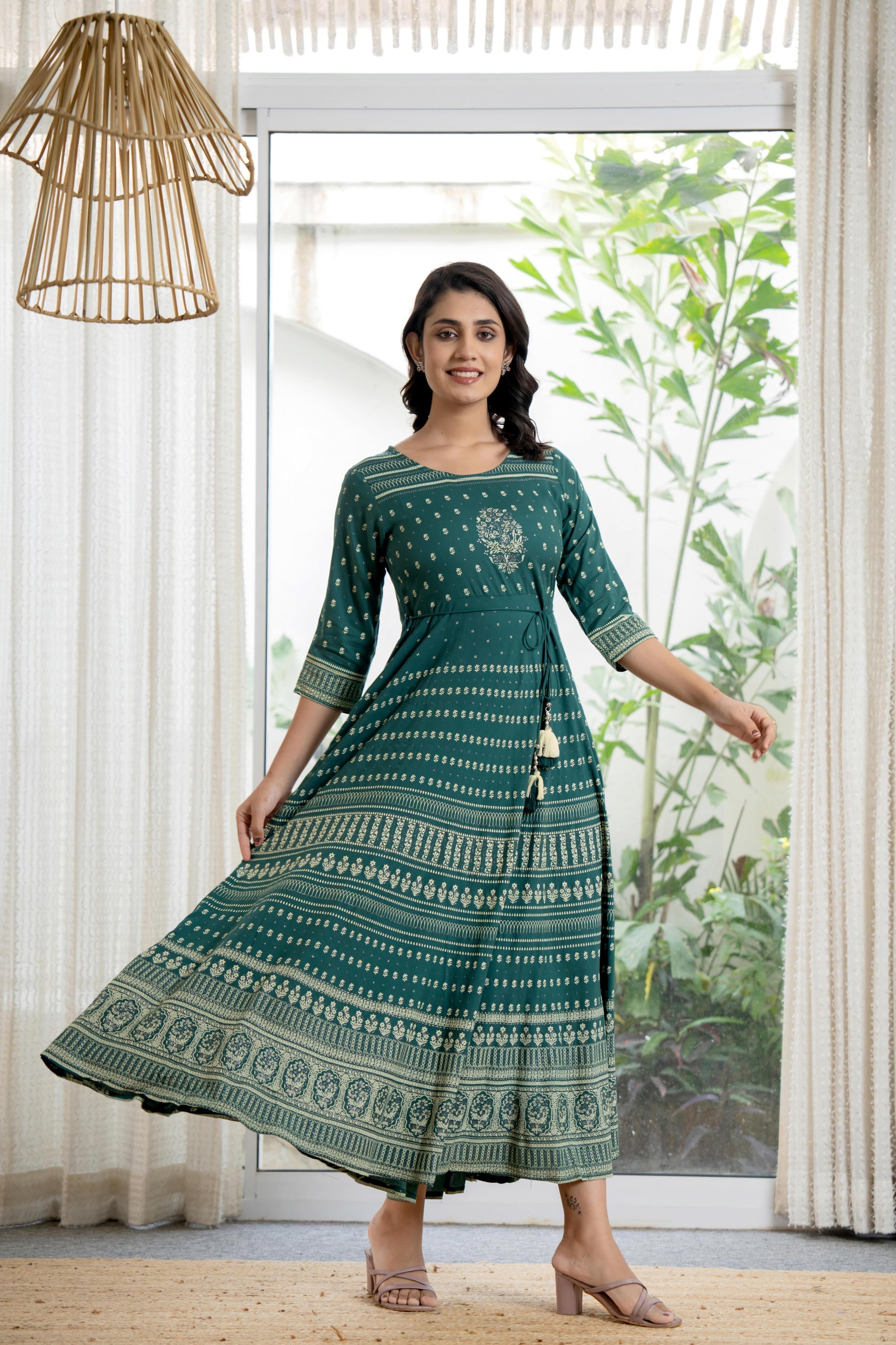 Green Ethnic Motif Printed Liva RayonDress With Sequins & Beads | Desi