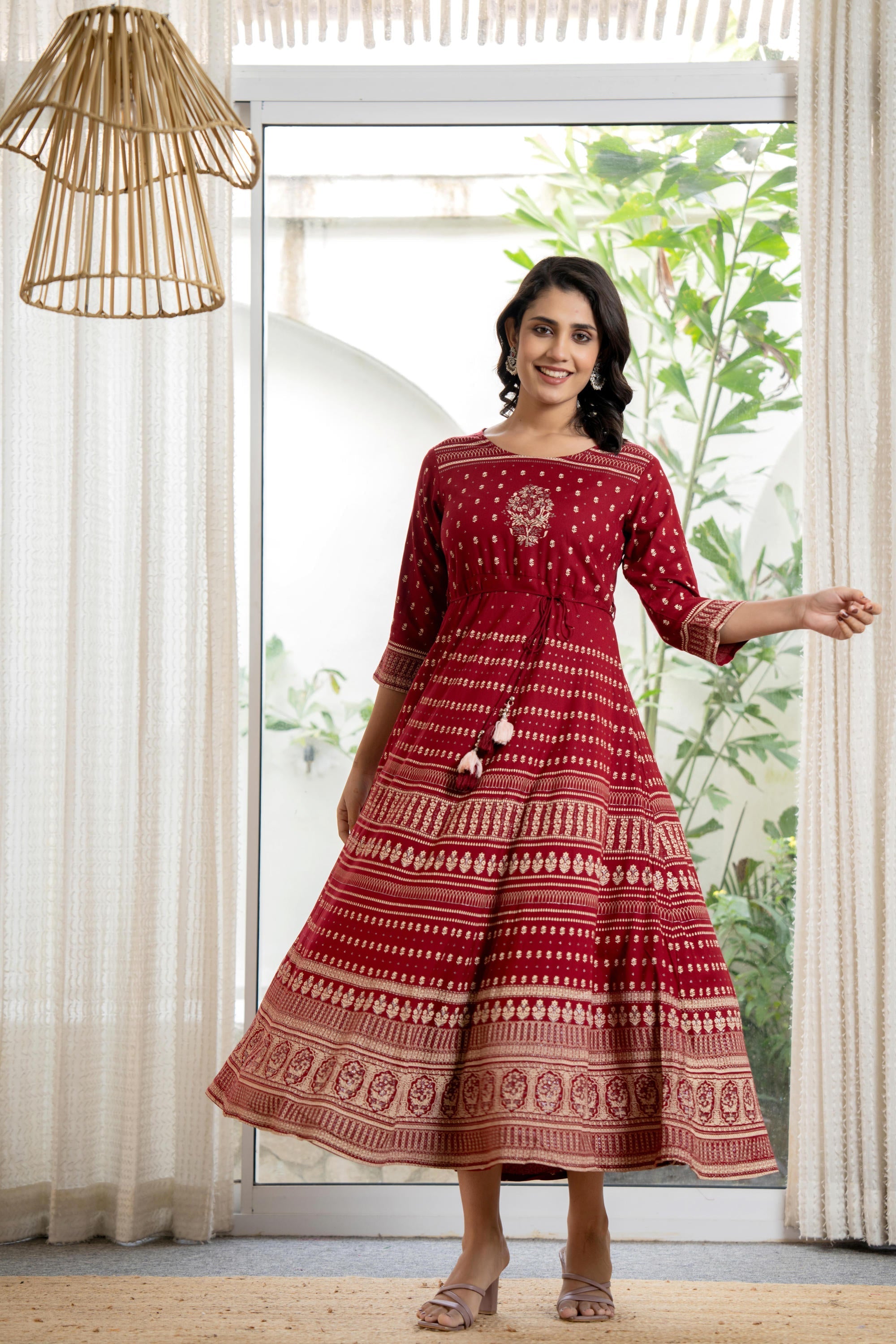 Maroon Ethnic Motif Printed Liva RayonDress With Sequins & Beads | Des