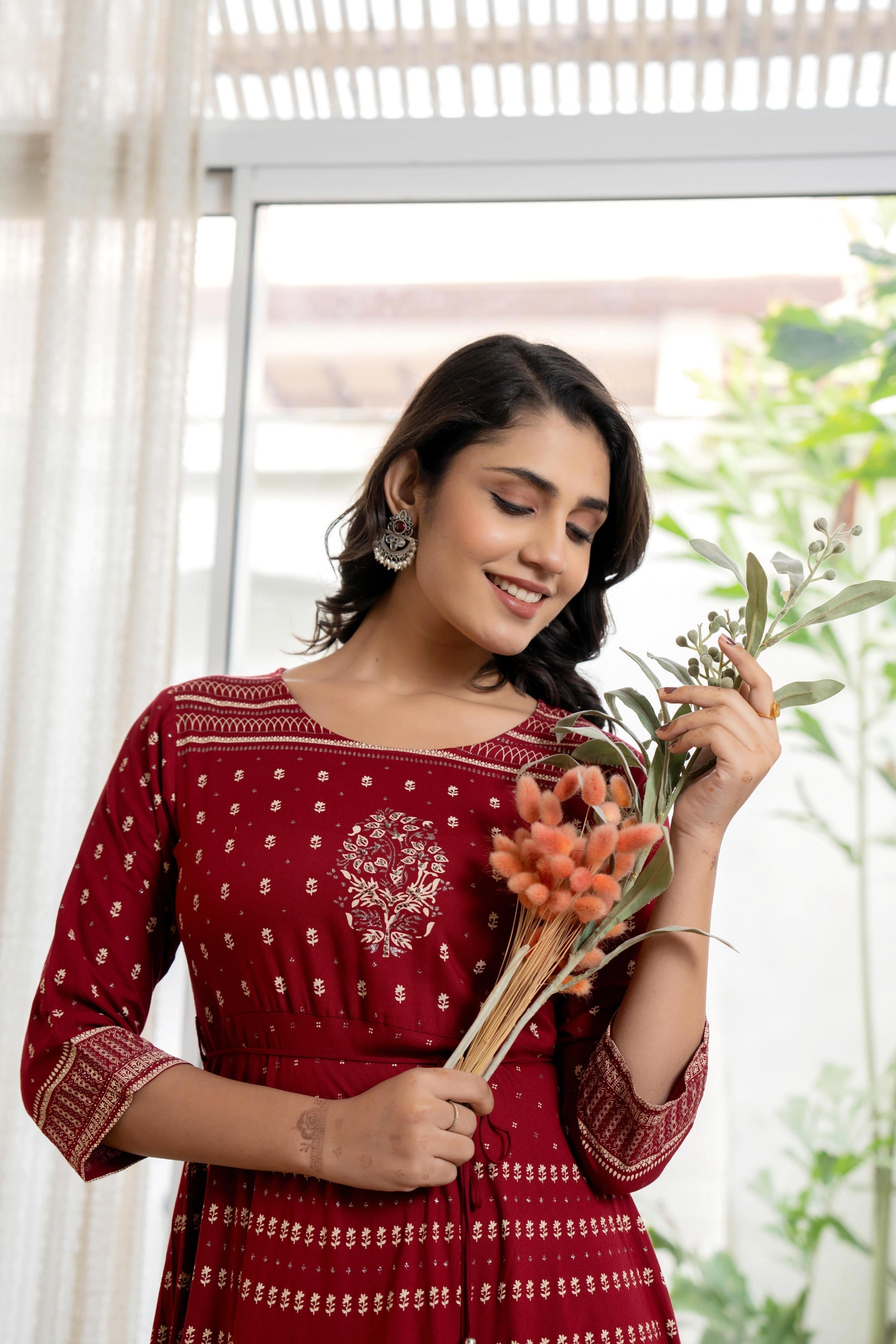 Maroon Ethnic Motif Printed Liva RayonDress With Sequins & Beads | Des