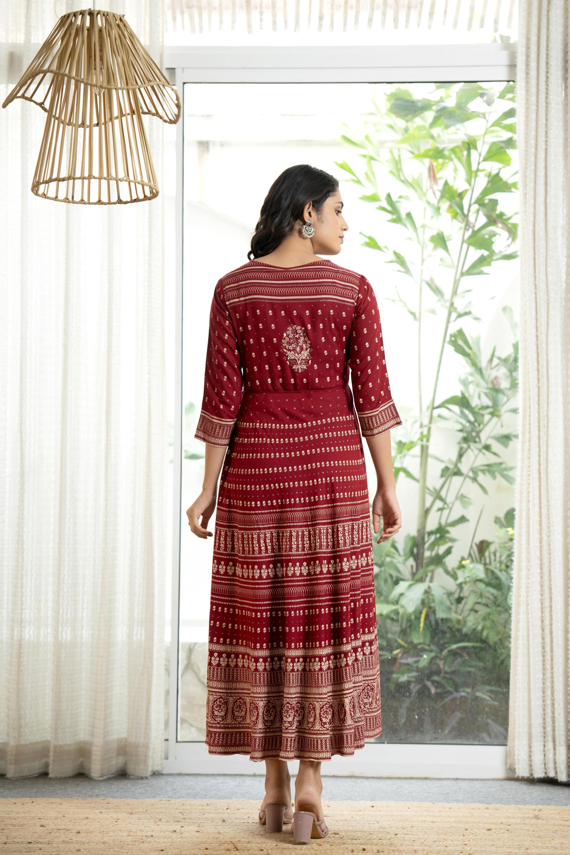 Maroon Ethnic Motif Printed Liva RayonDress With Sequins & Beads | Des