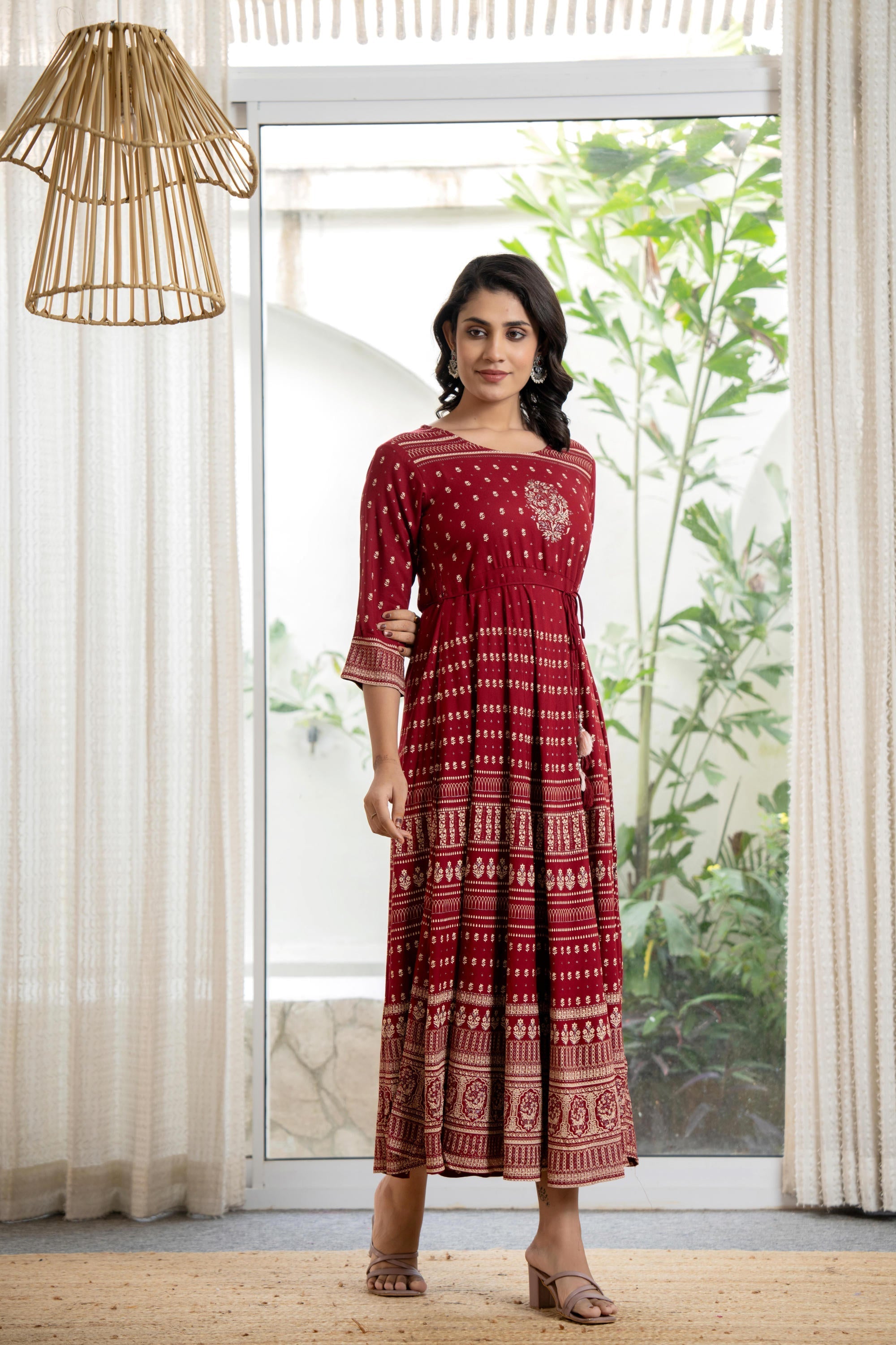 Maroon Ethnic Motif Printed Liva RayonDress With Sequins & Beads | Des
