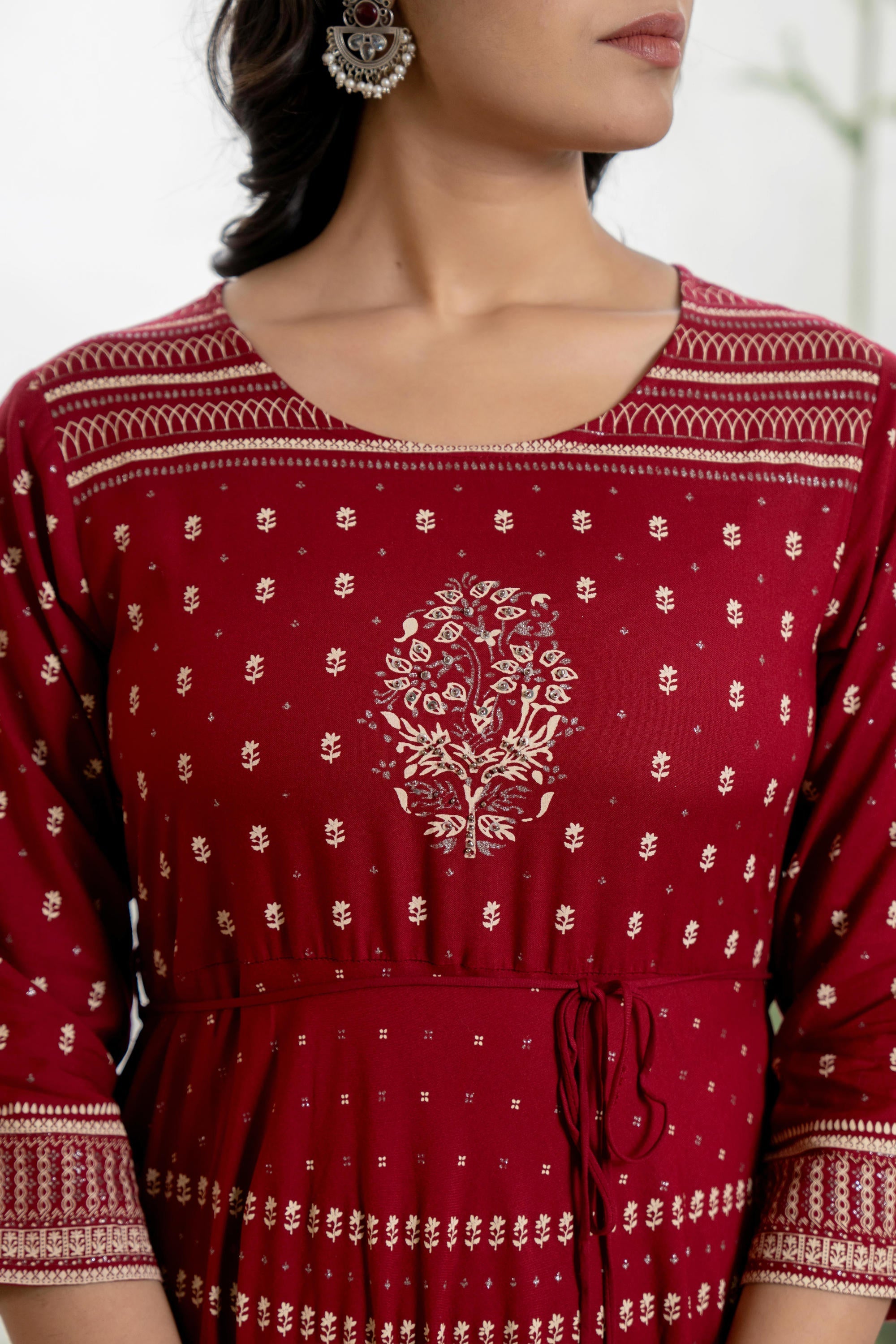 Maroon Ethnic Motif Printed Liva RayonDress With Sequins & Beads | Des