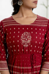 Maroon Ethnic Motif Printed Liva RayonDress With Sequins & Beads