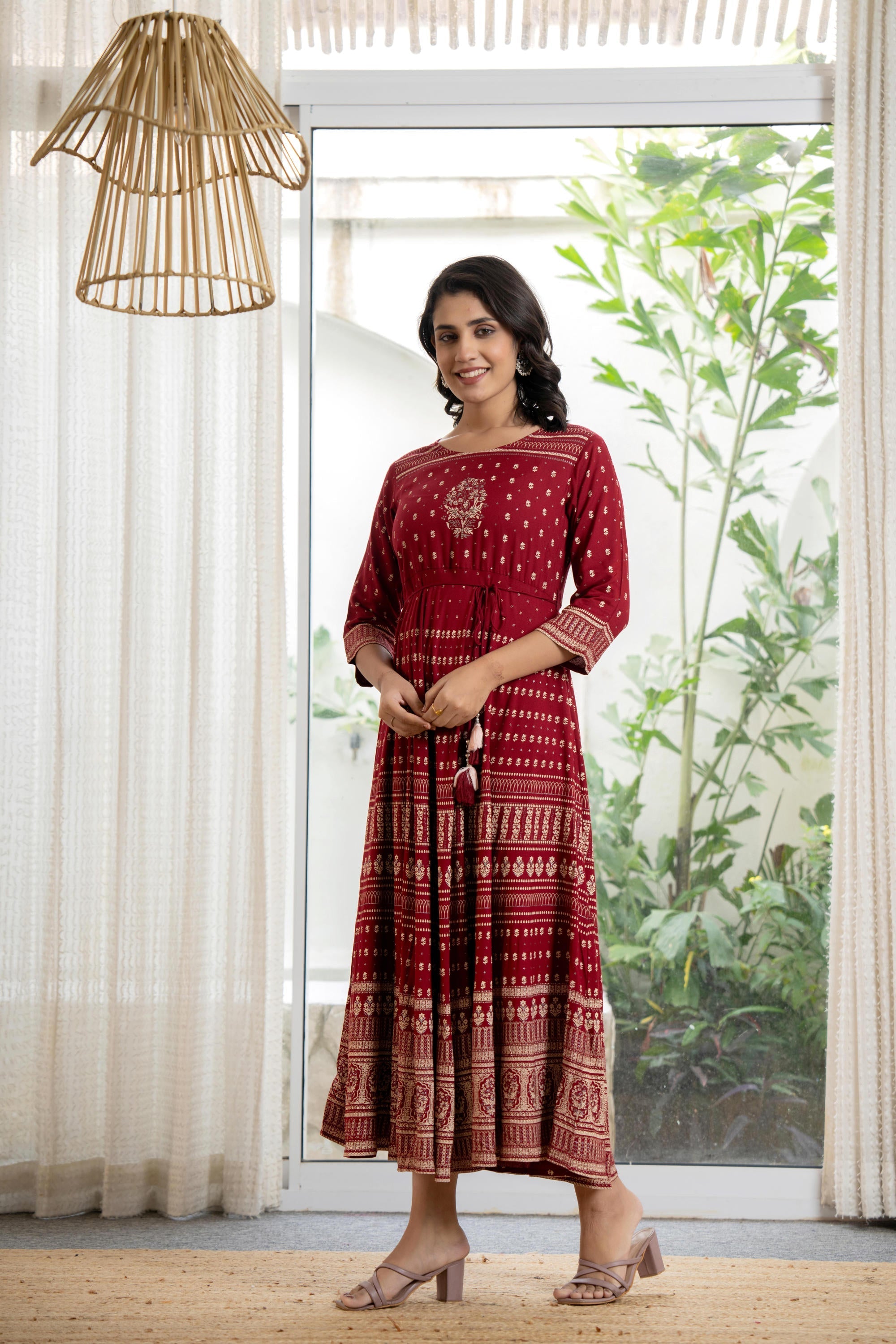 Maroon Ethnic Motif Printed Liva RayonDress With Sequins & Beads | Des