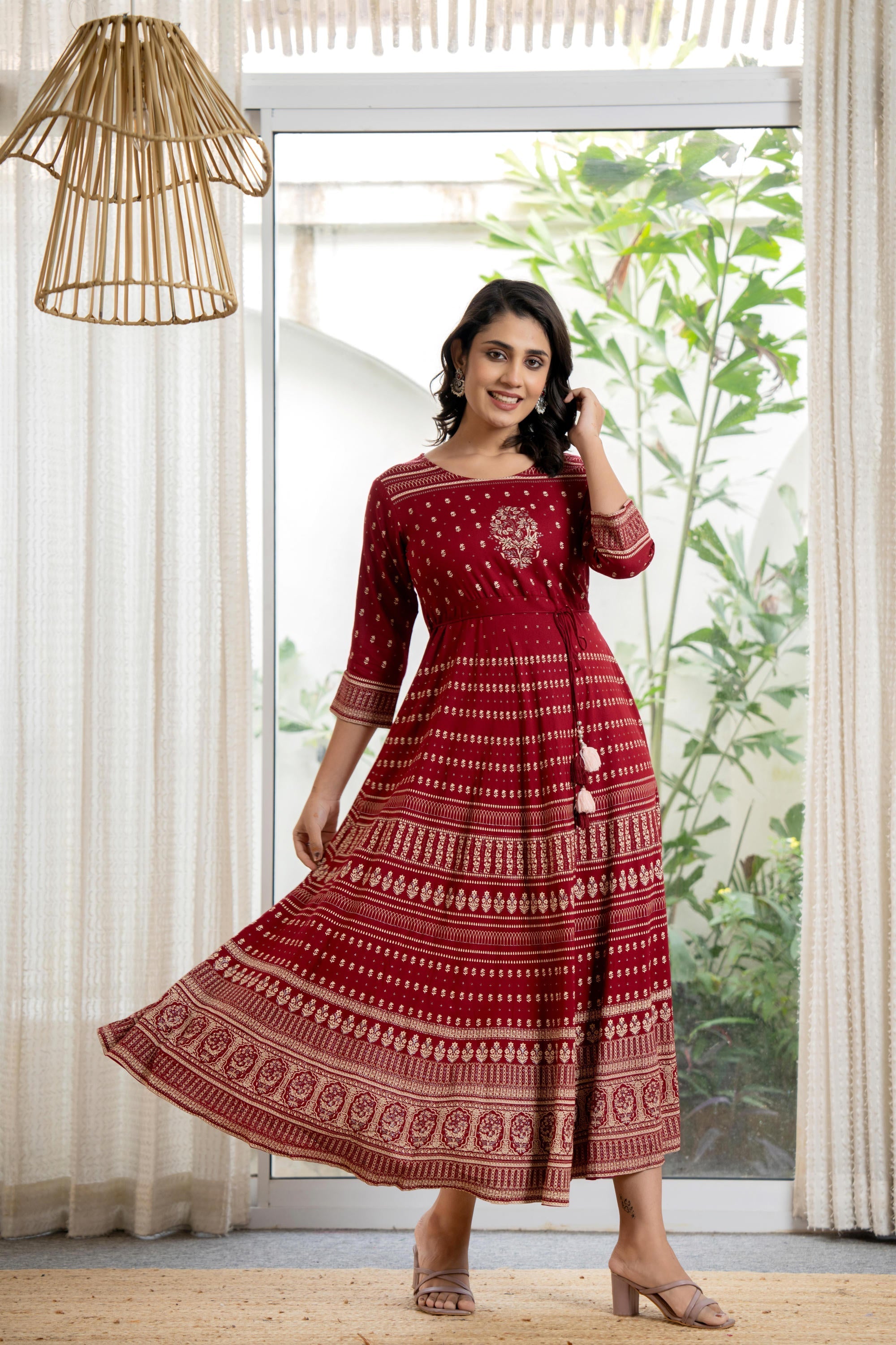 Maroon Ethnic Motif Printed Liva RayonDress With Sequins & Beads | Des