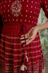 Maroon Ethnic Motif Printed Liva RayonDress With Sequins & Beads