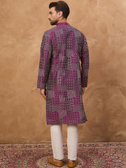 Ethnic Bay Men Purple Silk Blend Geometric Printed Straight Kurta With Pant Set-MKSET1529