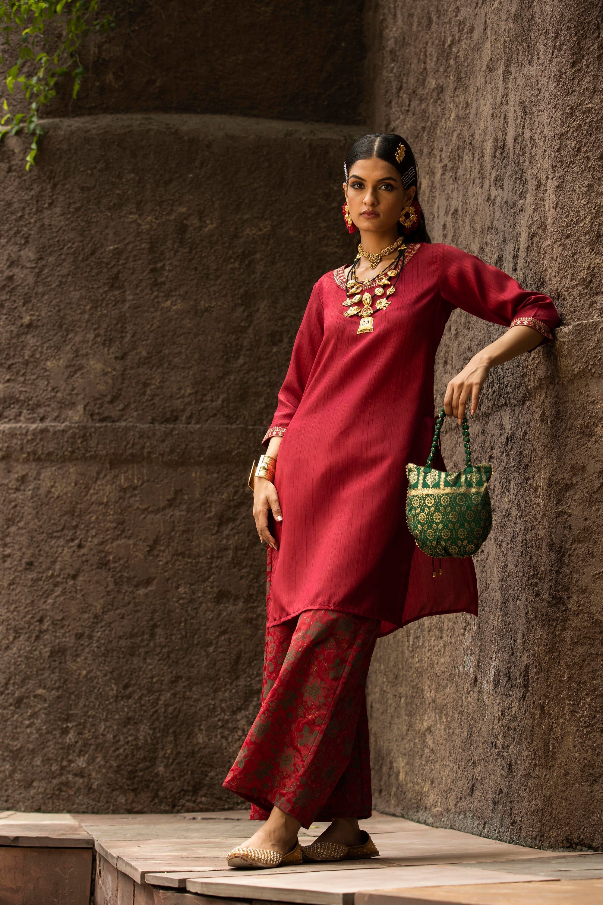 Maroon Soild Satin Kurta With Floral Pants | DesiQlo