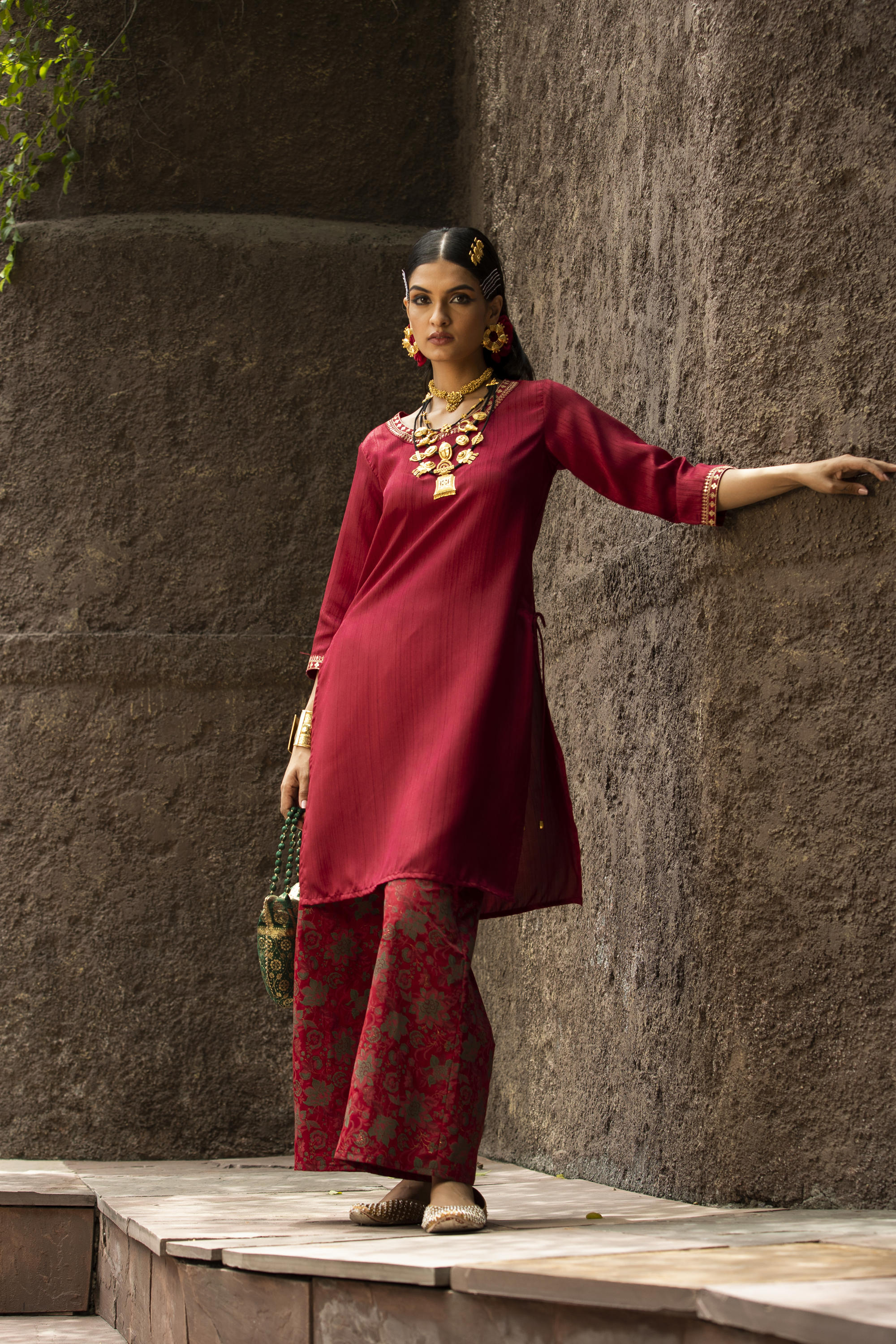 Maroon Soild Satin Kurta With Floral Pants | DesiQlo