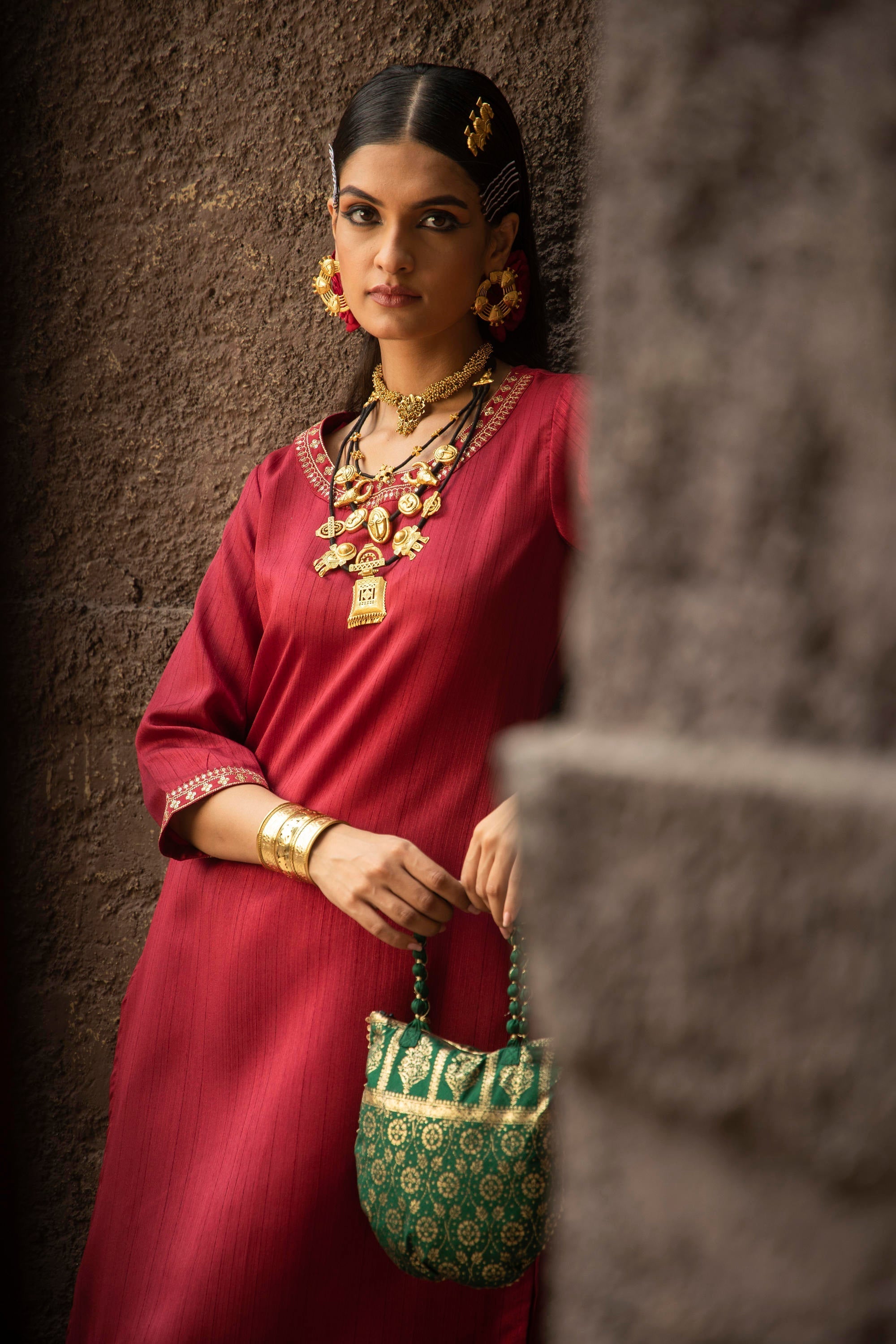 Maroon Soild Satin Kurta With Floral Pants | DesiQlo