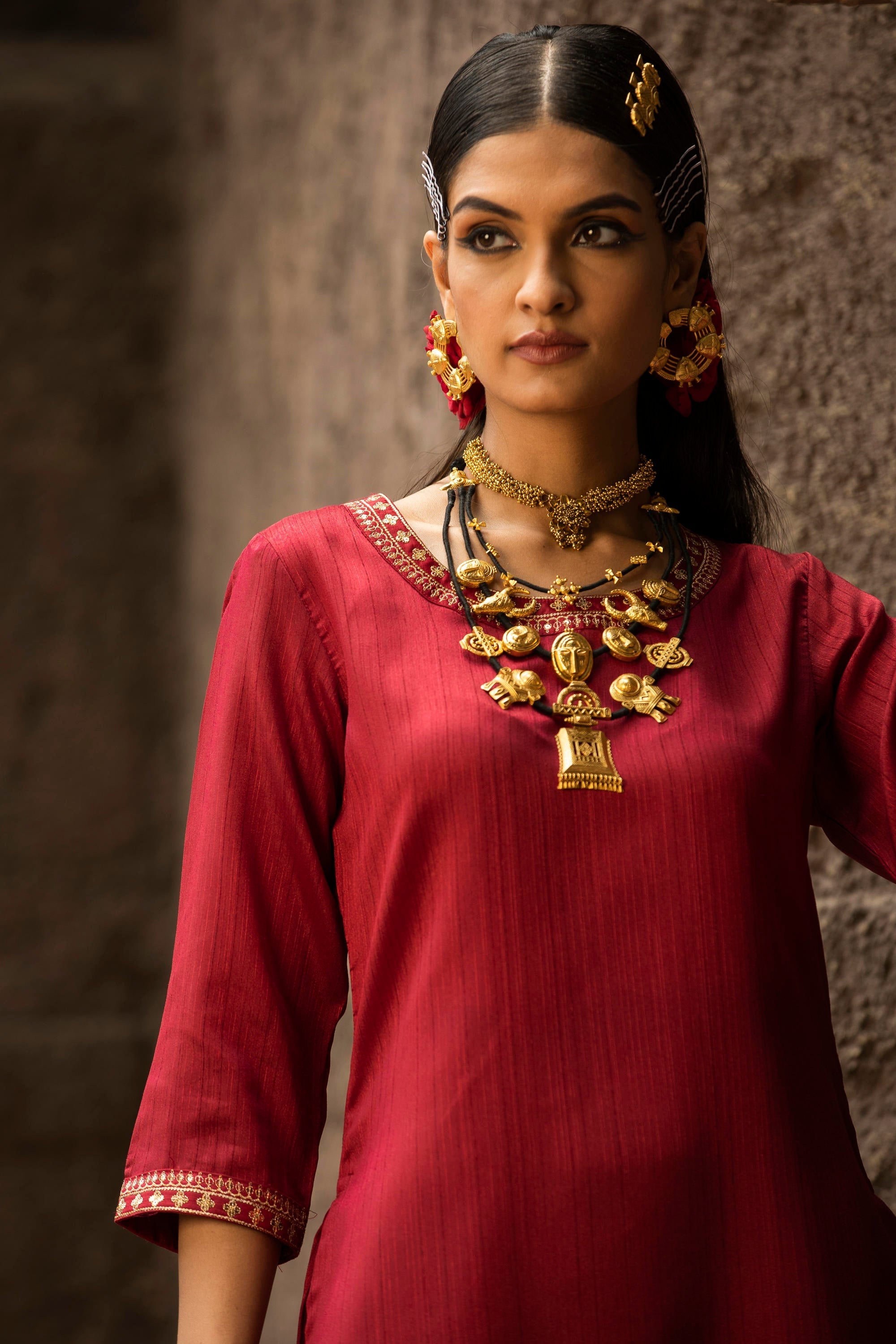 Maroon Soild Satin Kurta With Floral Pants | DesiQlo