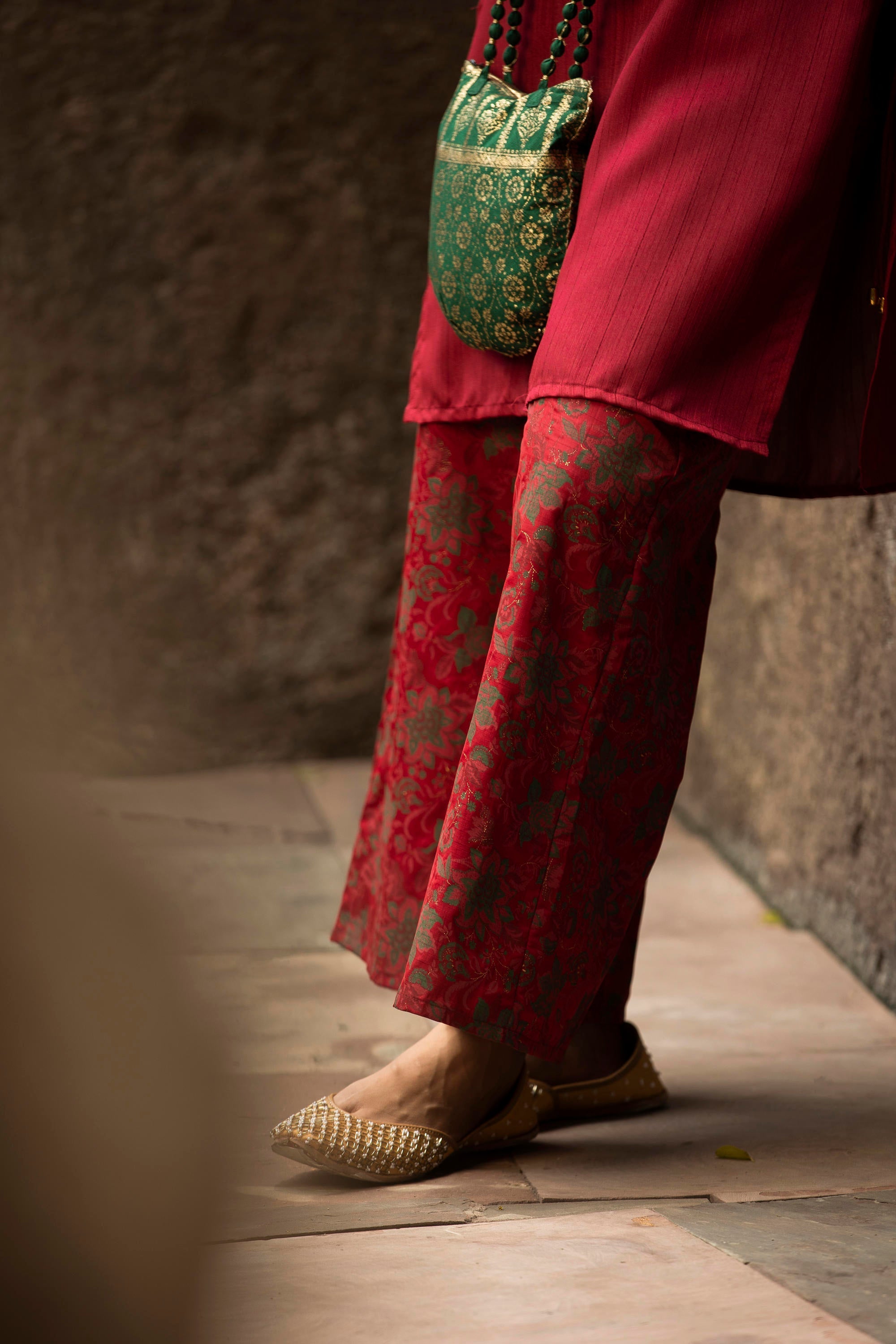 Maroon Soild Satin Kurta With Floral Pants | DesiQlo