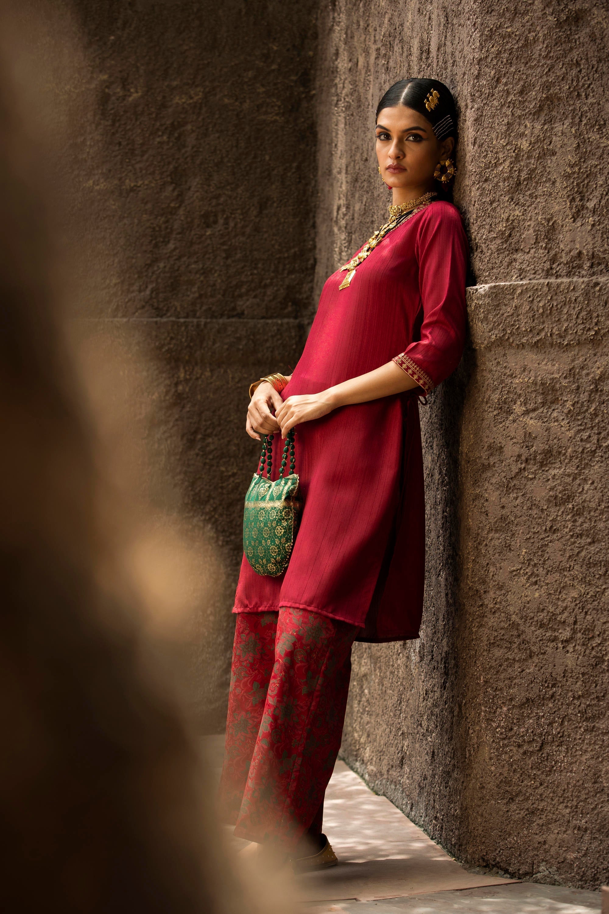Maroon Soild Satin Kurta With Floral Pants | DesiQlo