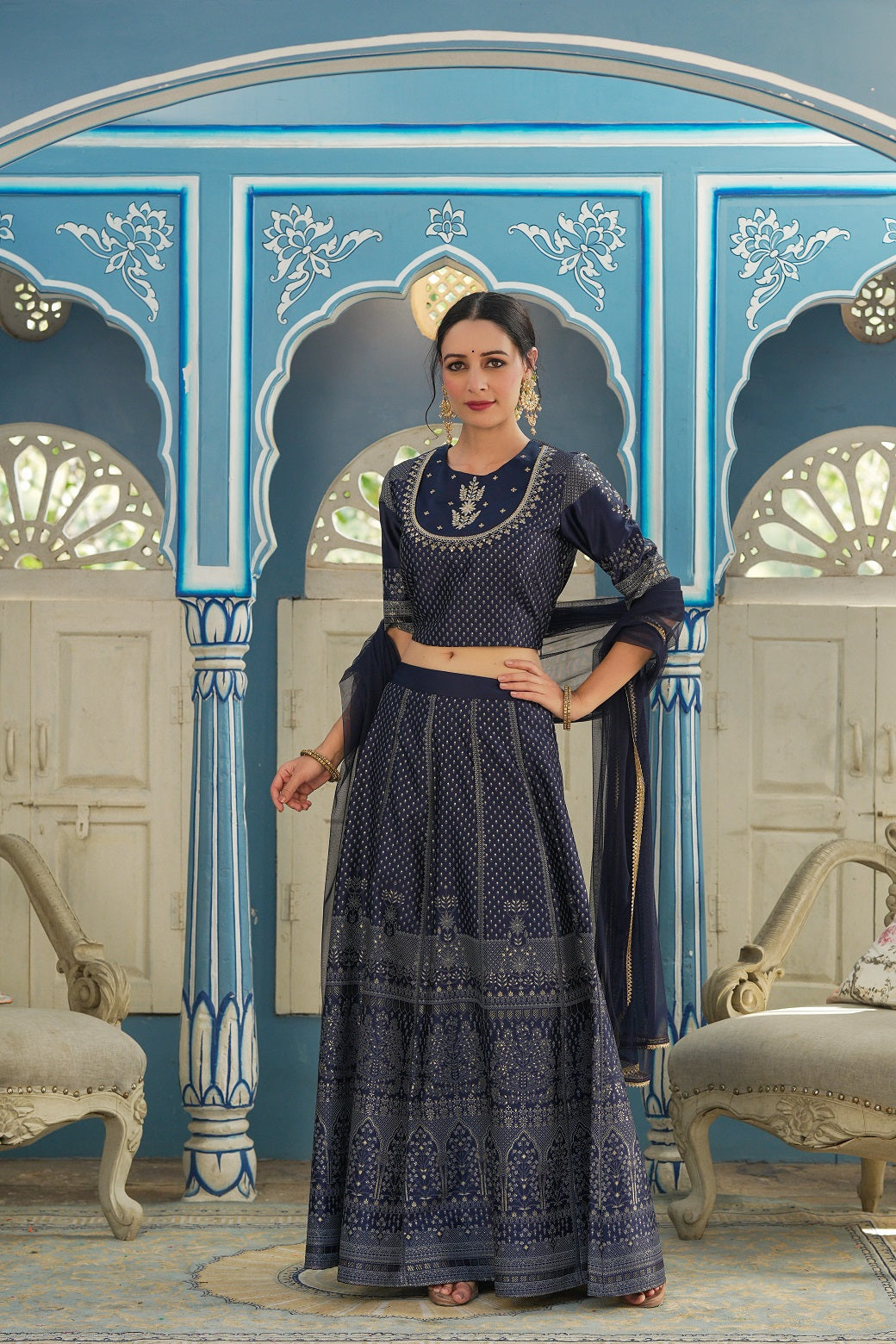 Navy Ethnic Motif Printed Satin Lehngha Choli & Dupatta Set With Sequi