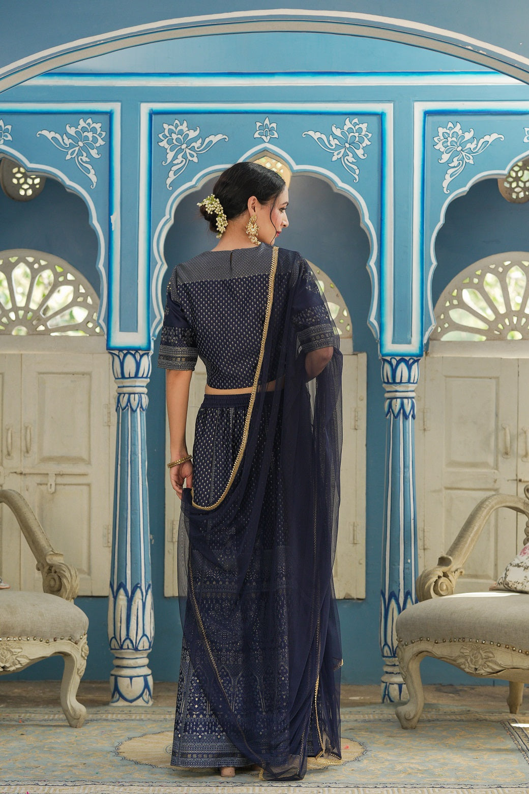 Navy Ethnic Motif Printed Satin Lehngha Choli & Dupatta Set With Sequi