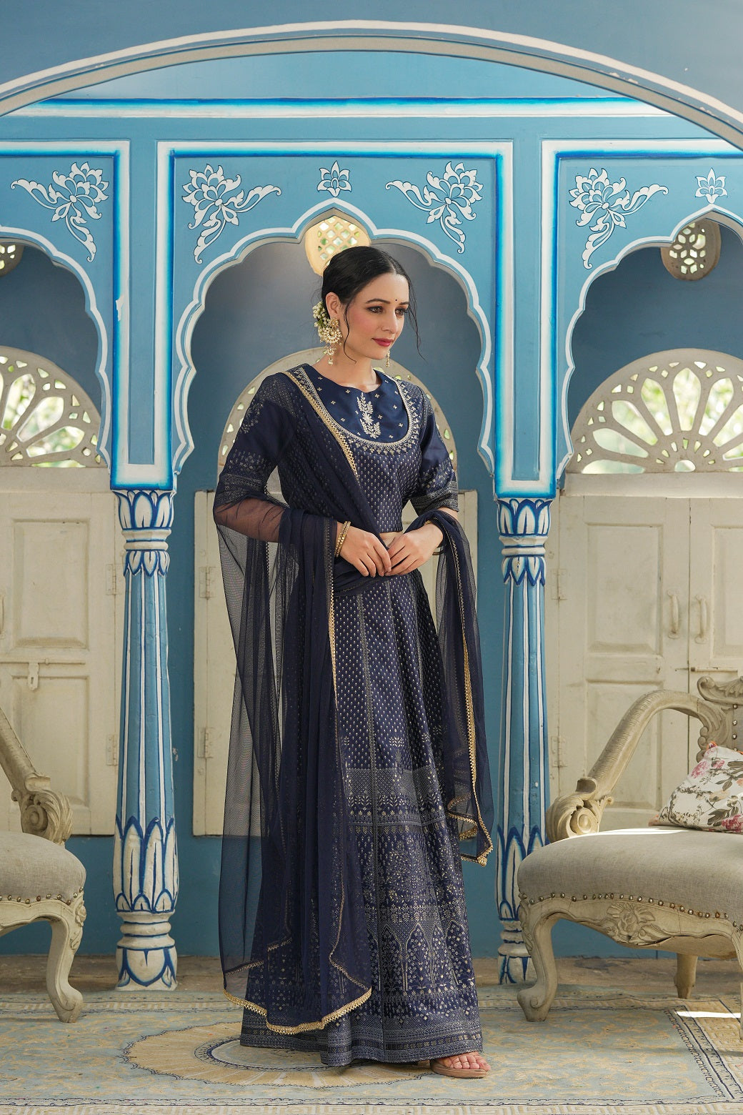 Navy Ethnic Motif Printed Satin Lehngha Choli & Dupatta Set With Sequi