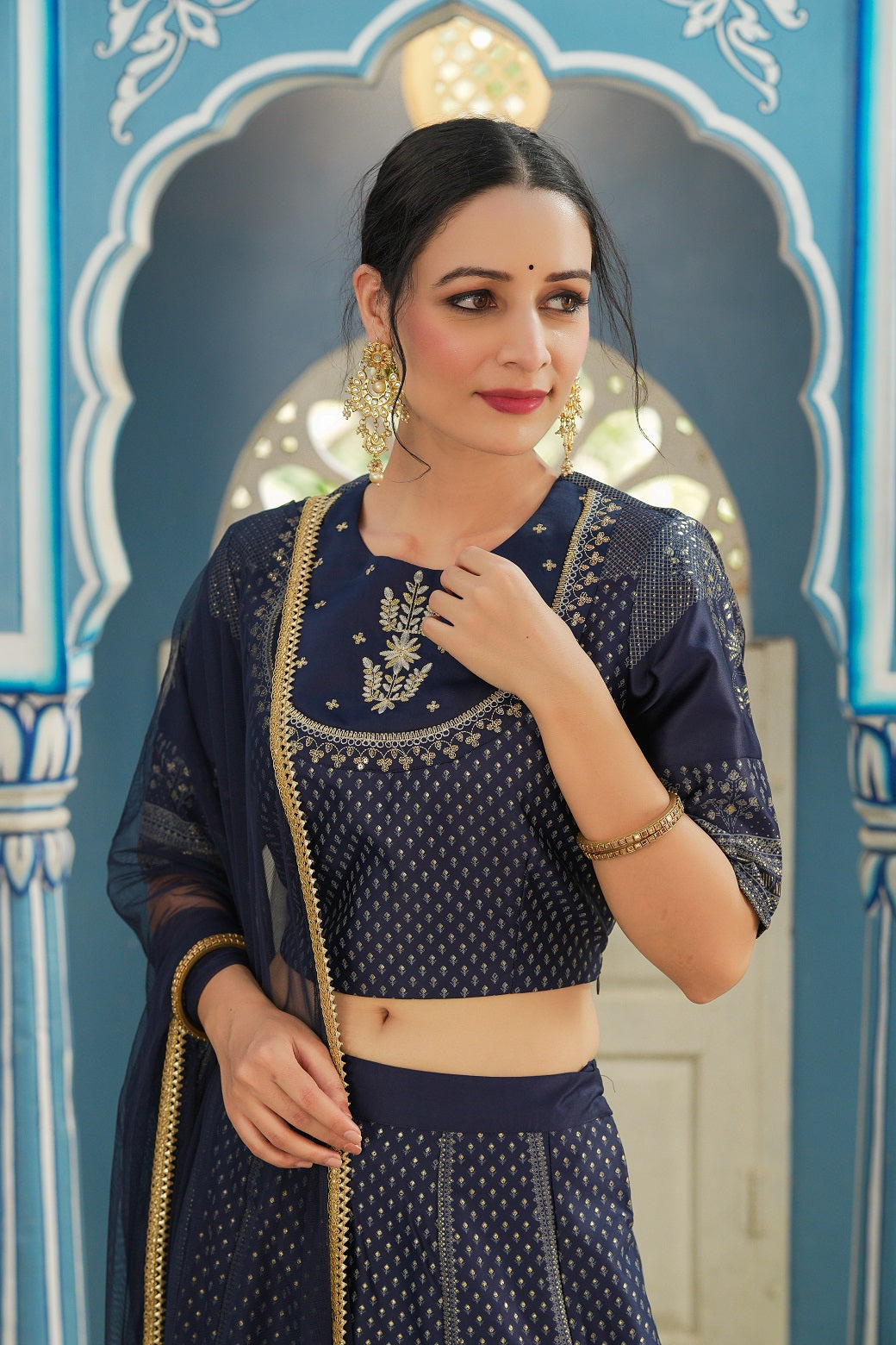 Navy Ethnic Motif Printed Satin Lehngha Choli & Dupatta Set With Sequi
