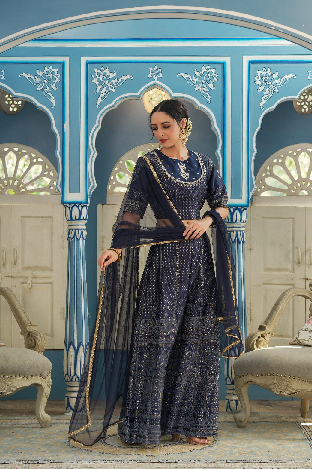Navy Ethnic Motif Printed Satin Lehngha Choli & Dupatta Set With Sequi