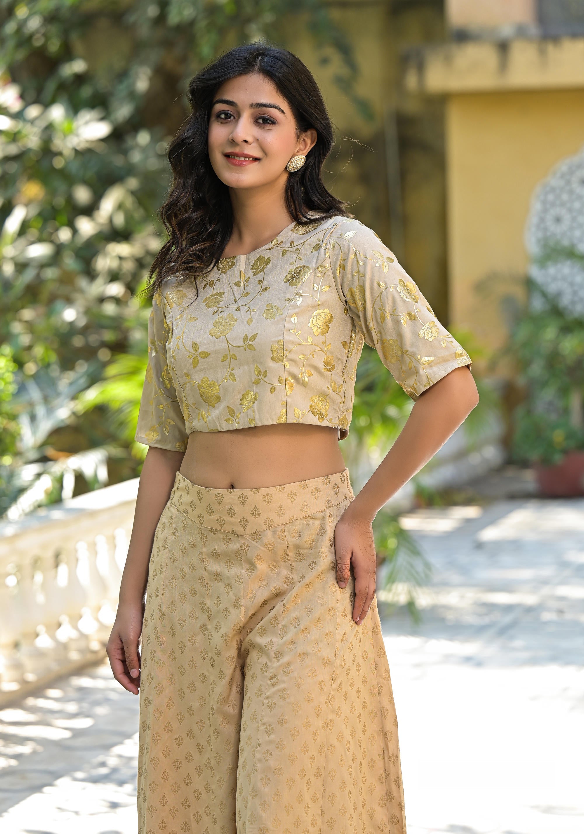 Gold Floral Printed Silk Blouse With Foil Work | DesiQlo