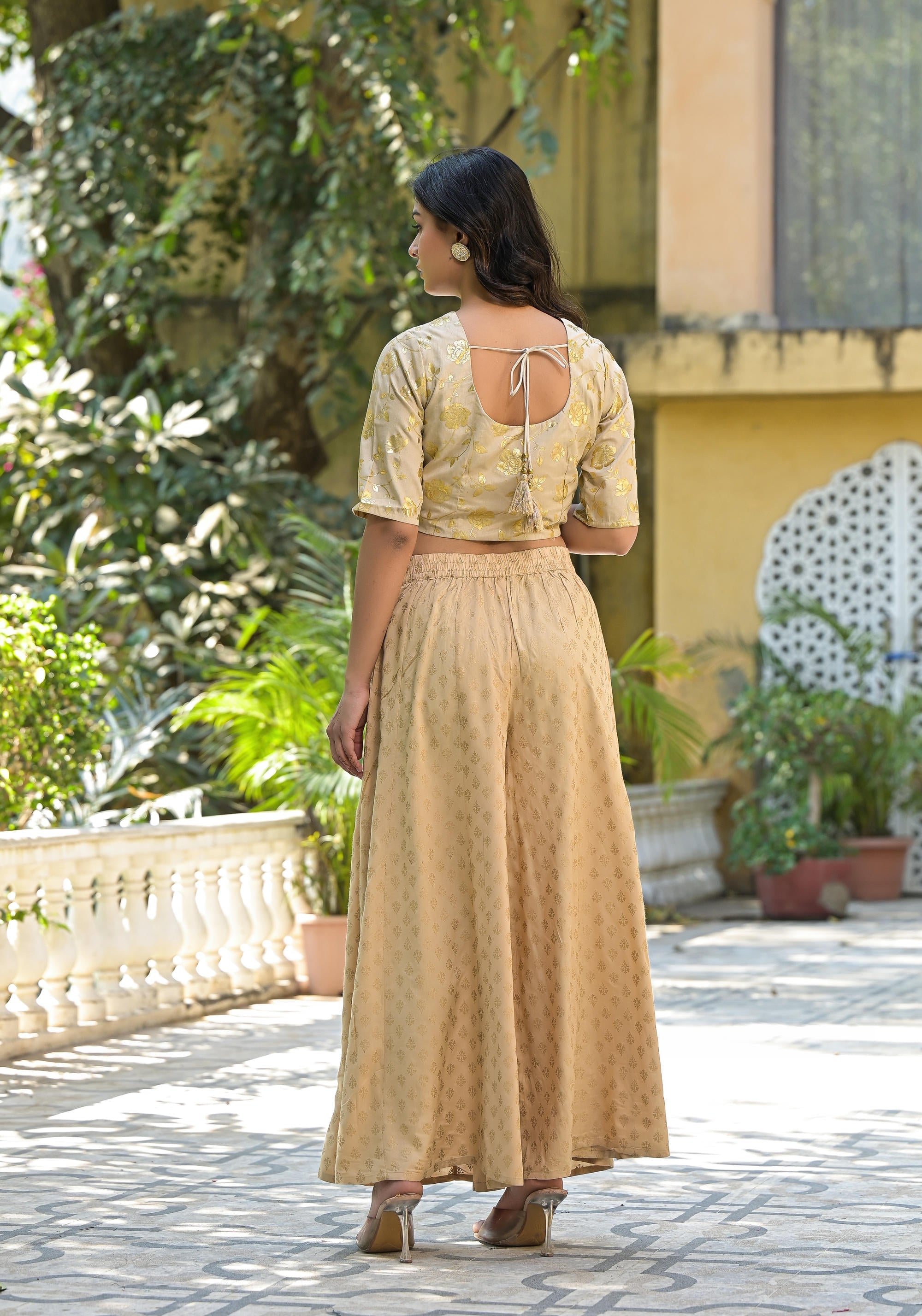 Gold Floral Printed Silk Blouse With Foil Work | DesiQlo