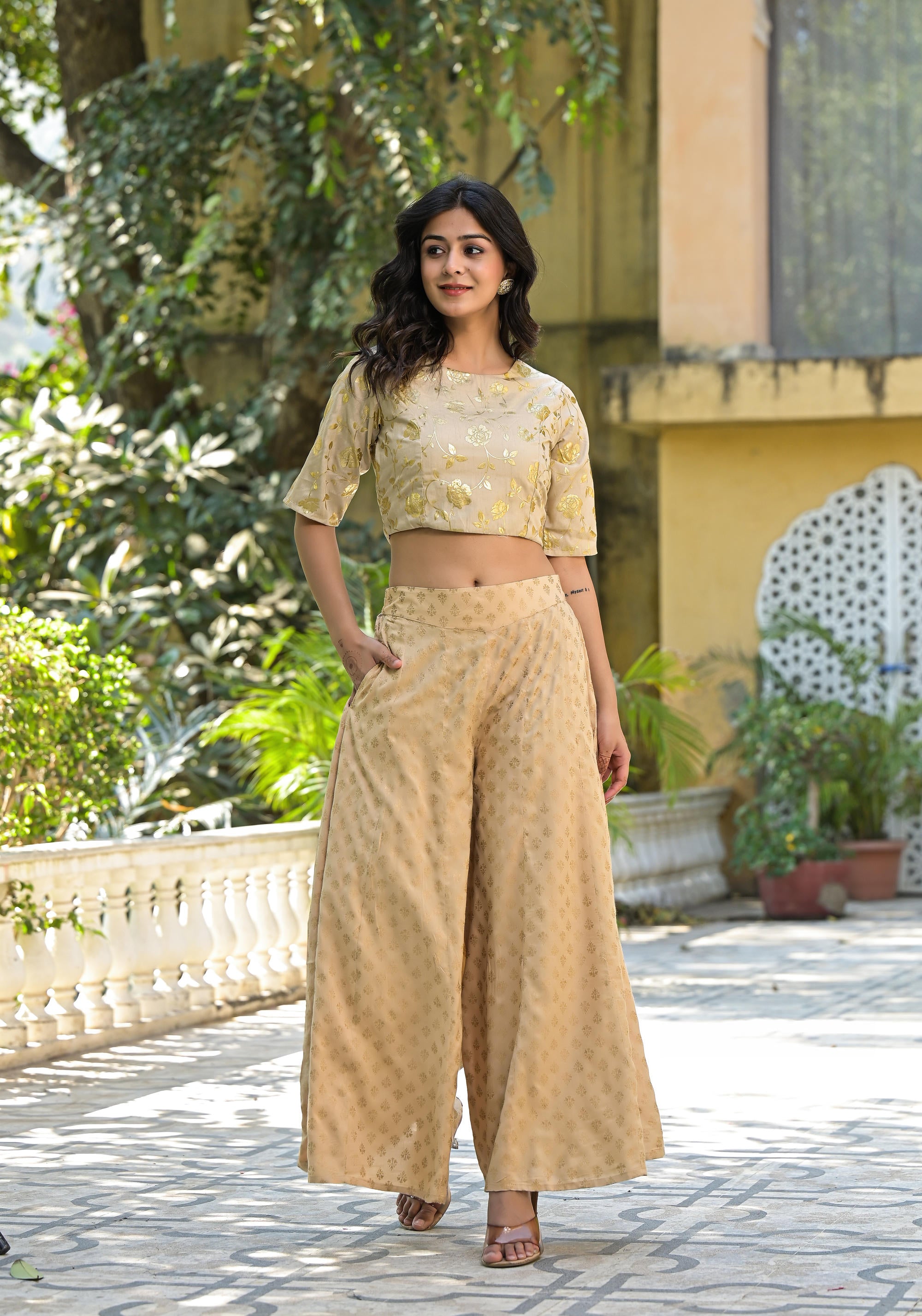Gold Floral Printed Silk Blouse With Foil Work | DesiQlo