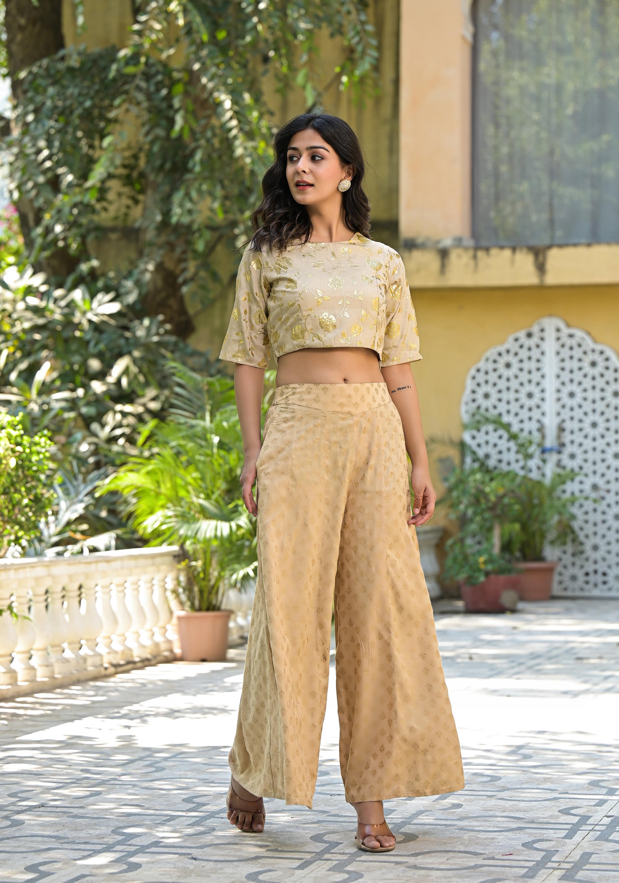 Gold Floral Printed Silk Blouse With Foil Work | DesiQlo