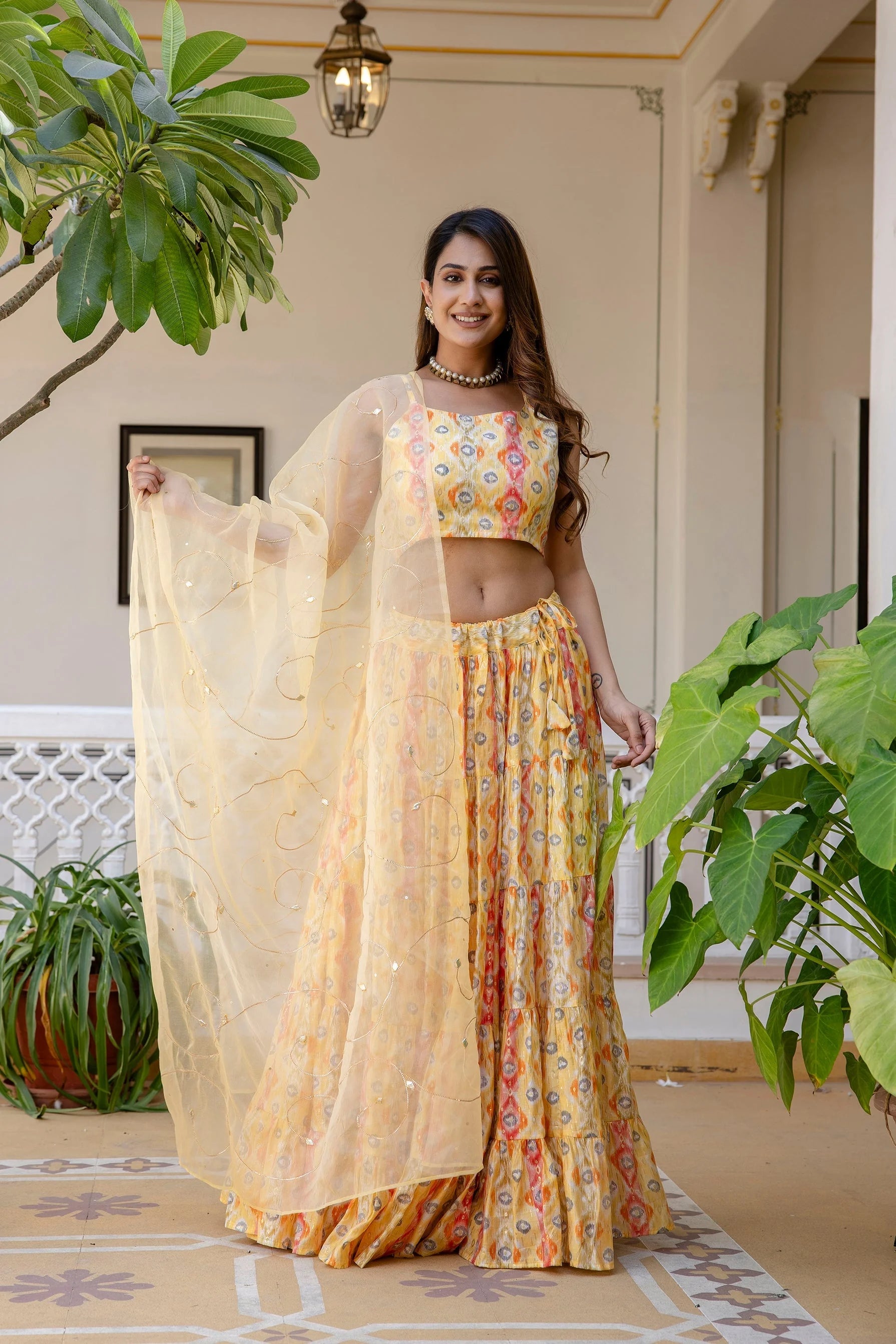 Women's Light Yellow Printed Silk Lehenga Choli - Festive Wear