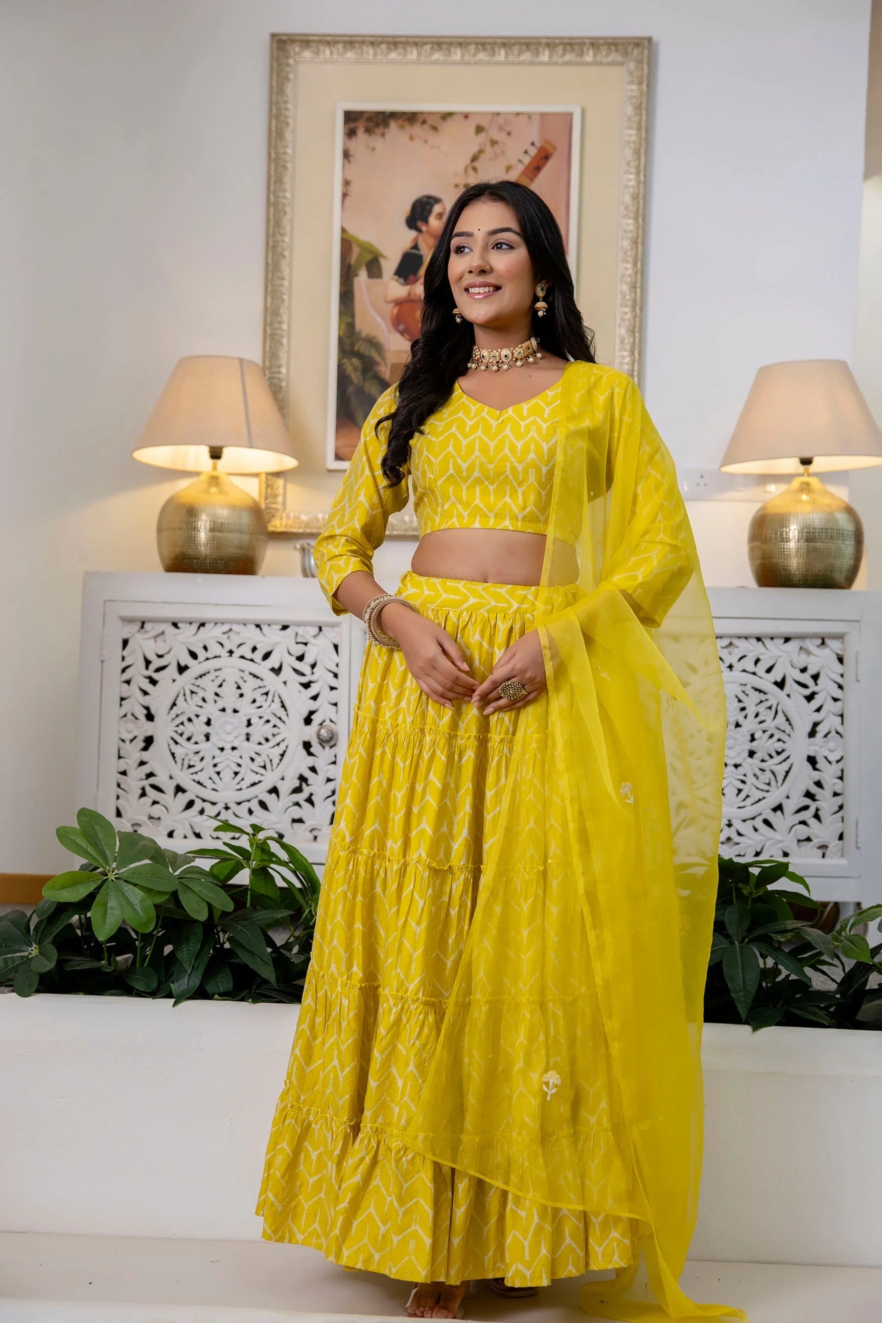 Yellow Sui Printed Silk Lehenga Choli - Women's Designer Lehenga