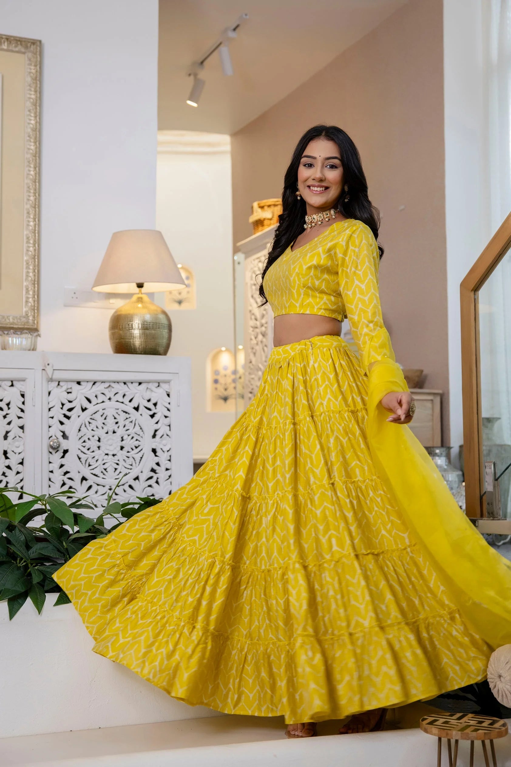 Yellow Sui Printed Silk Lehenga Choli - Women's Designer Lehenga