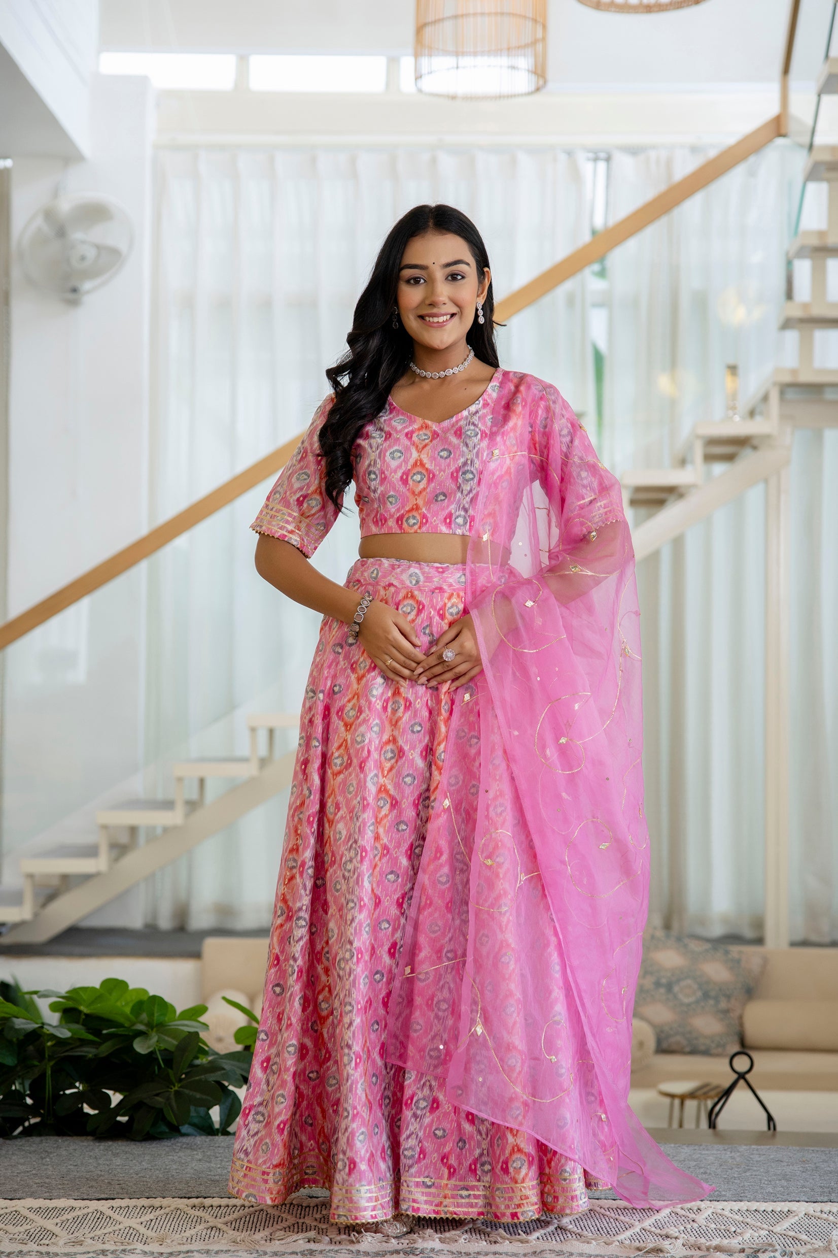 Light Pink Printed Silk Lehenga Choli - Women's Wedding Lehenga