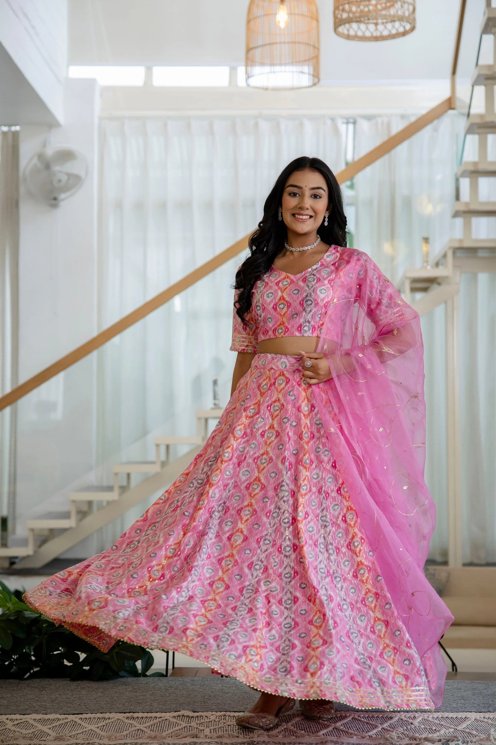 Light Pink Printed Silk Lehenga Choli - Women's Wedding Lehenga