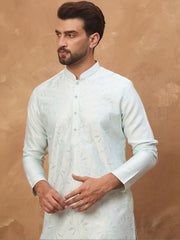 Ethnic Bay Men Blue Silk Blend Solid Embroidered Straight Kurta With Pant Set-MKSET1446