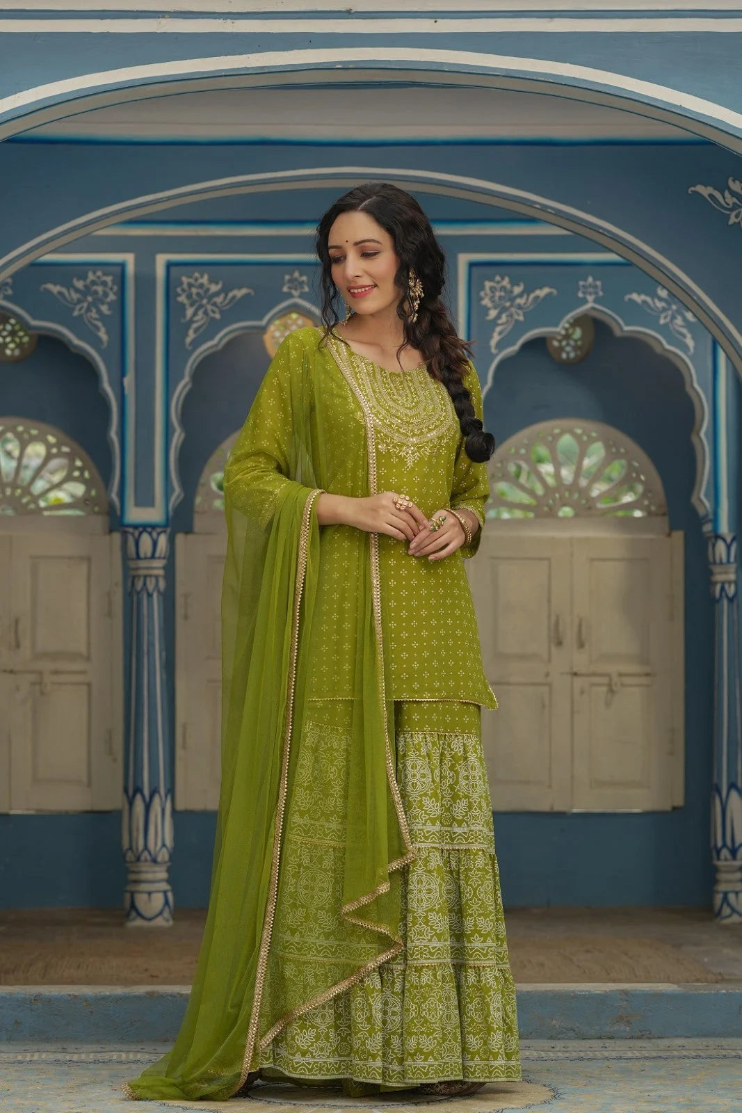 Green Bandhani Sharara Suits | Designer Sharara Set for Women