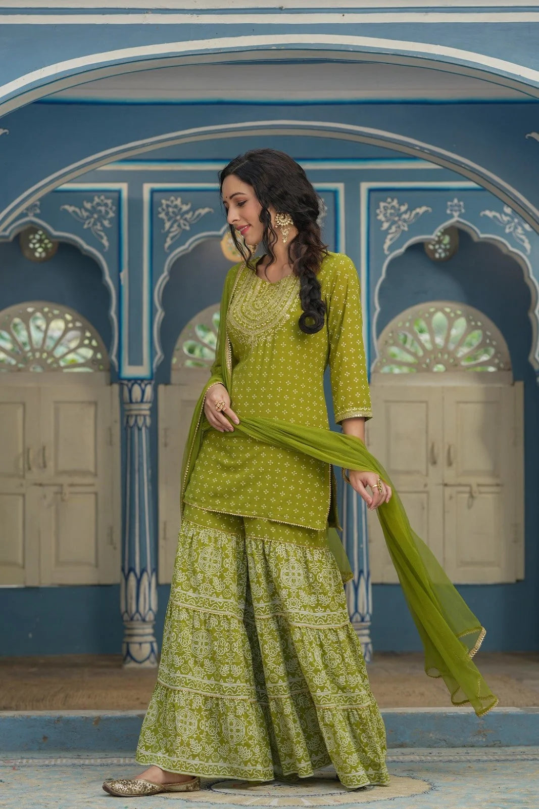 Green Bandhani Sharara Suits | Designer Sharara Set for Women