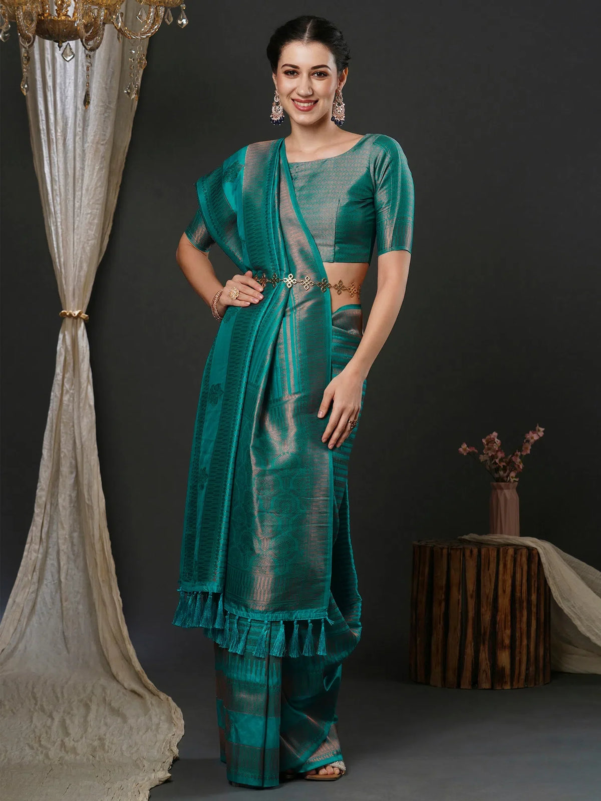 Women's  Blend Teal Blue Woven Design Designer Saree With Blouse Piece-33ALEKHA3302