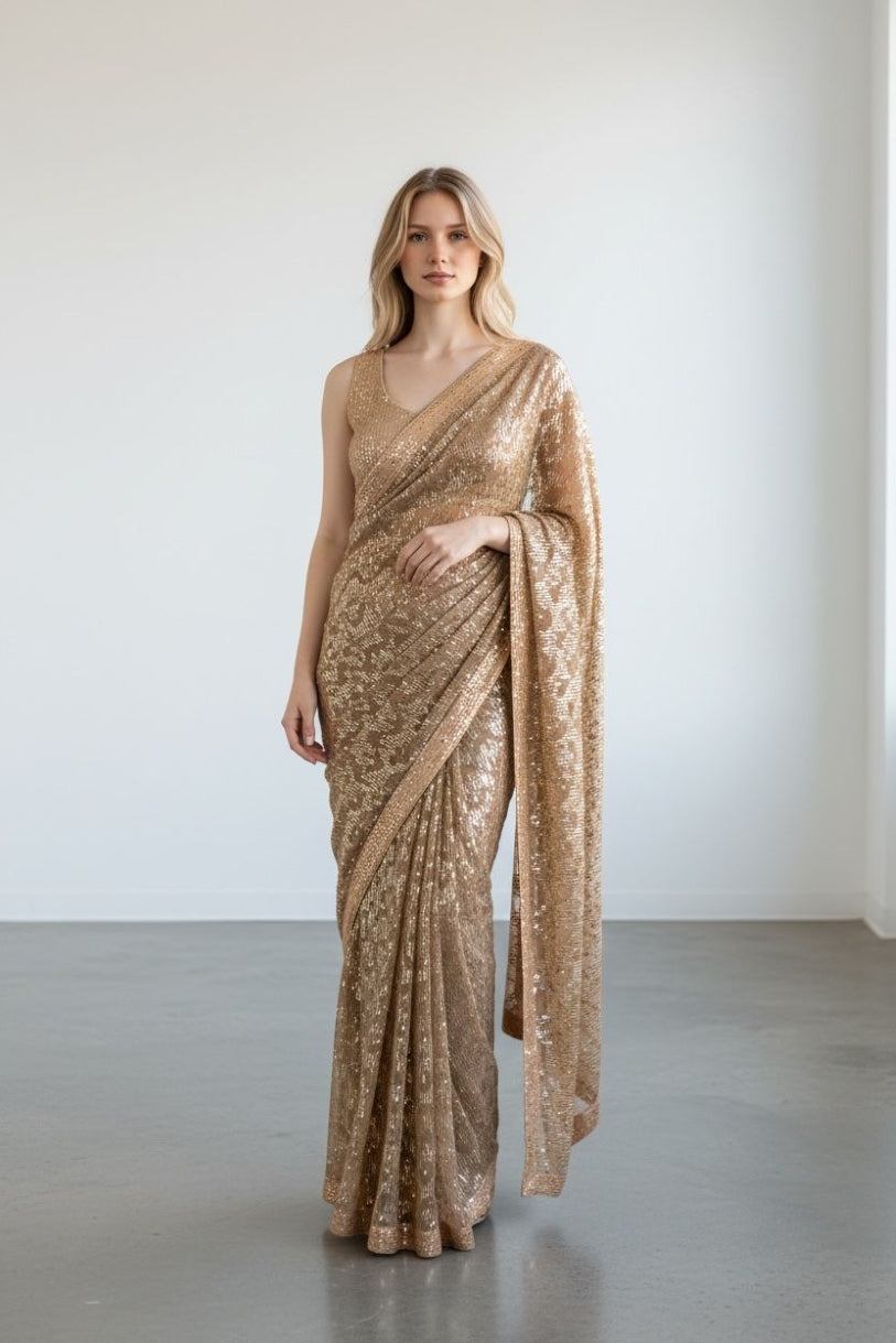 Georgette Saree for Women - Brown | MLWSHSA8938BRN