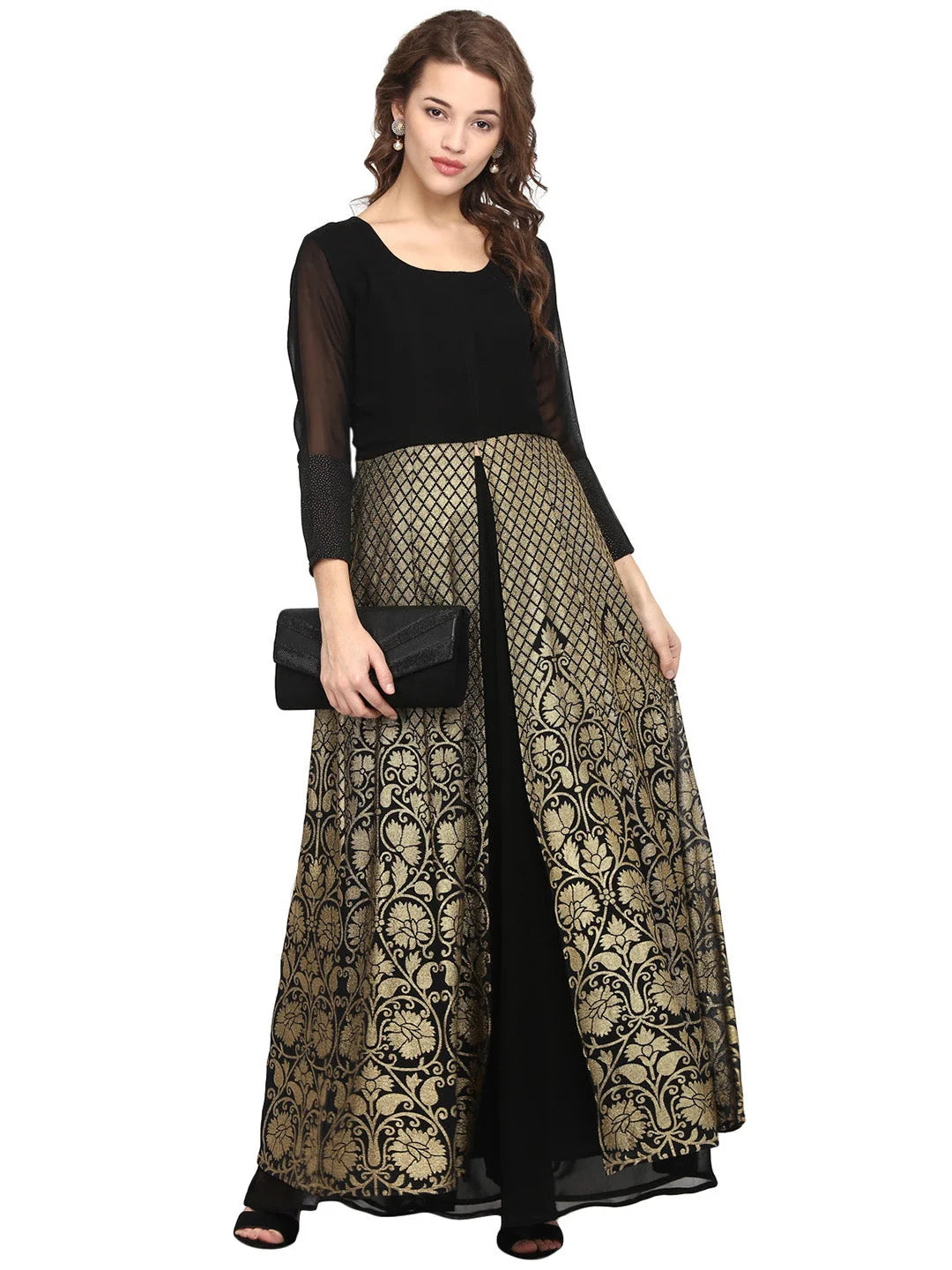 Black & Gold Print A-Line Kurta | Indian Kurtis for Ladies