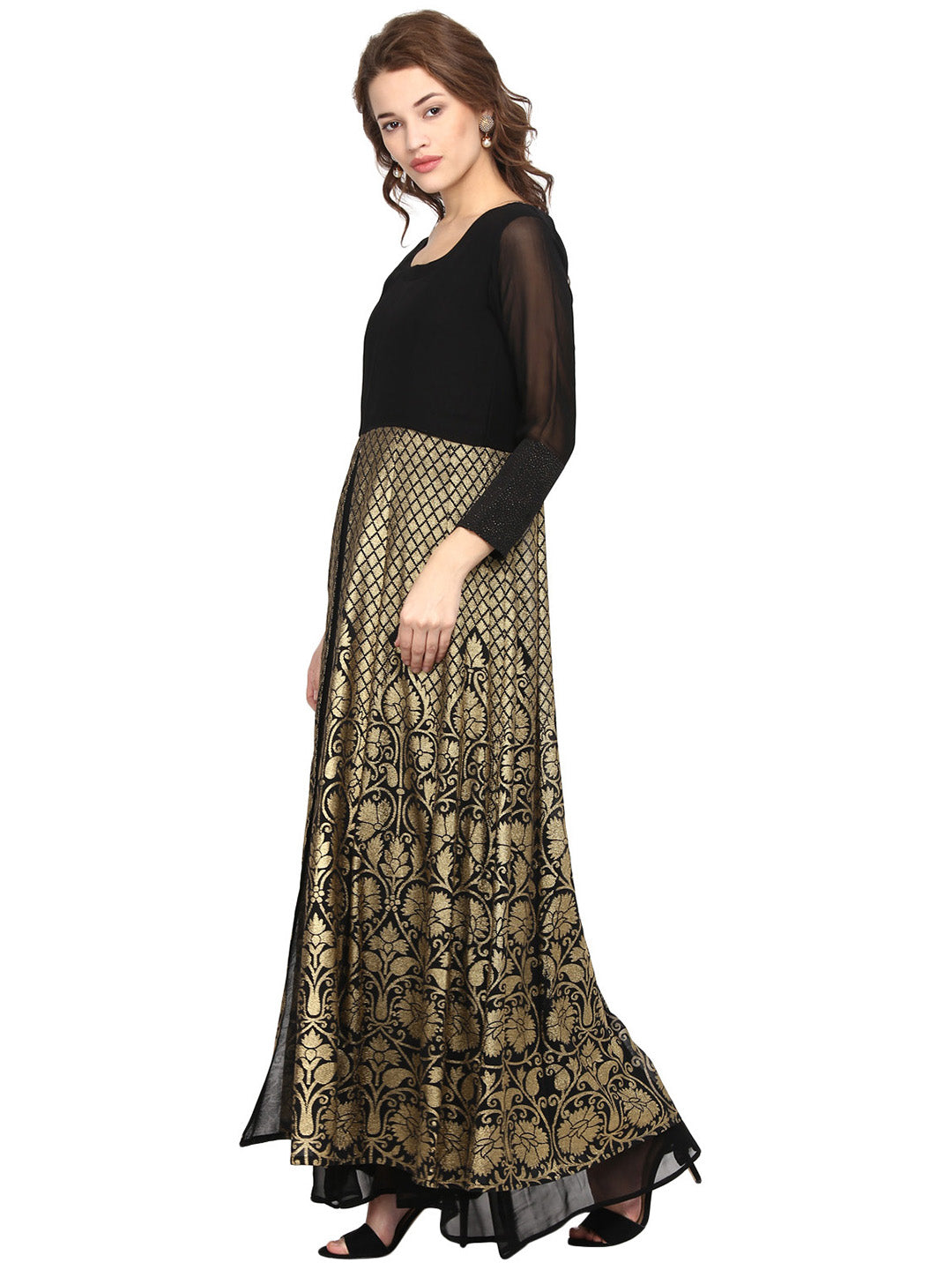 Black & Gold Print A-Line Kurta | Indian Kurtis for Ladies