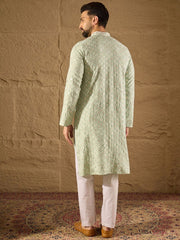 Ethnic Bay Men Green Viscose Rayon Solid Embroidered Straight Kurta With Pant Set-MKSET1238