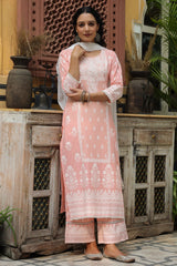 Women's Peach Printed Straight Kurta Sets