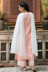 Women's Peach Printed Straight Kurta Sets