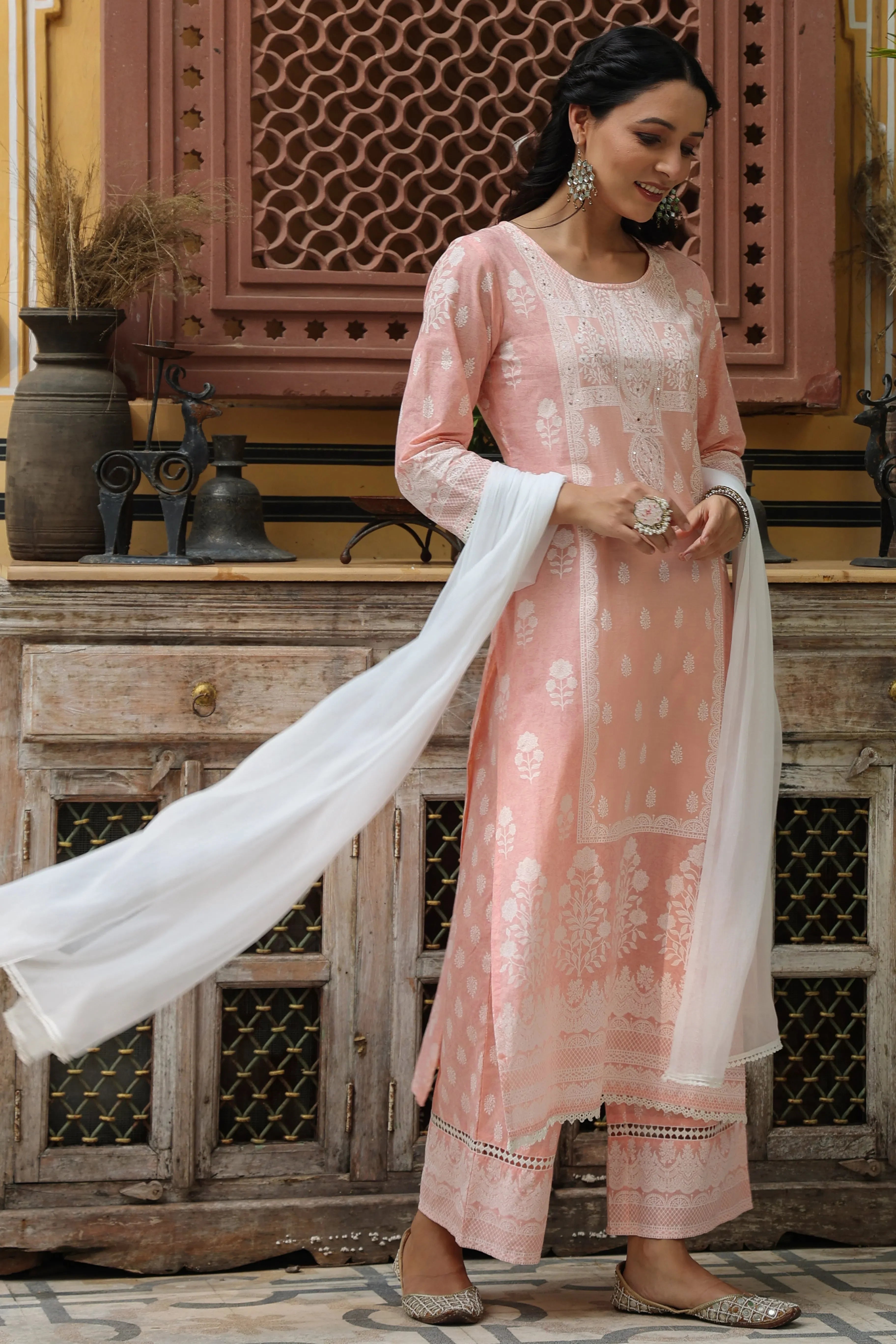 Peach Printed Kurta Set for Women | Cotton Indian Kurtas