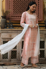 Women's Peach Printed Straight Kurta Sets
