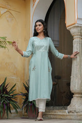 Women's Mint blue Rayon Slub Solid Embroidered Stright Kurta
