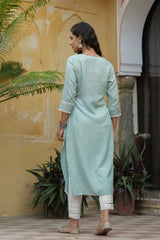 Women's Mint blue Rayon Slub Solid Embroidered Stright Kurta