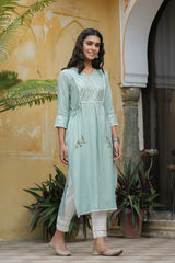 Women's Mint blue Rayon Slub Solid Embroidered Stright Kurta