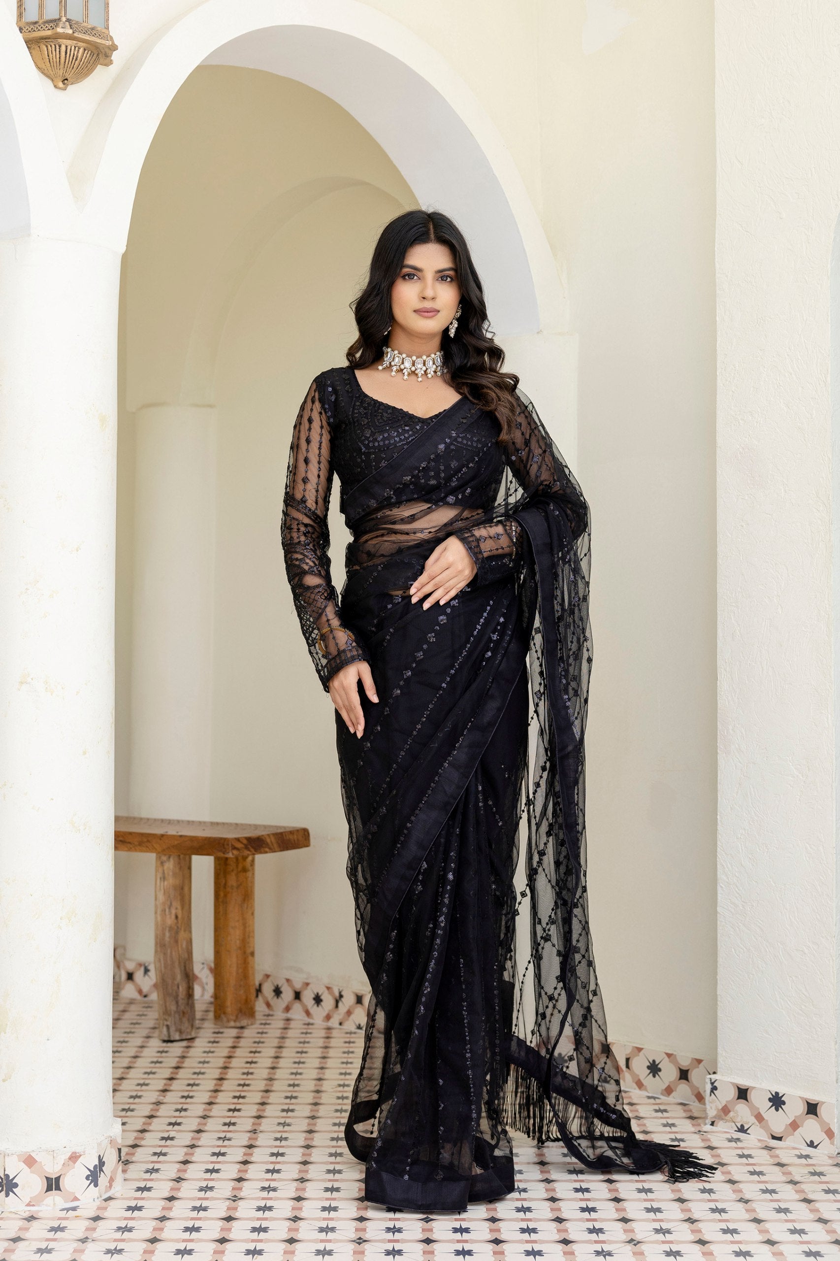 Nylon Saree for Women - Black | MLWSHSA8939BLK | DesiQlo