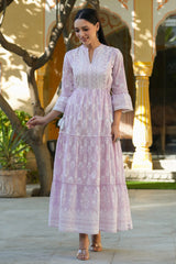 Women's Lavender Cambric Floral Printed Maxi Tiered Dress