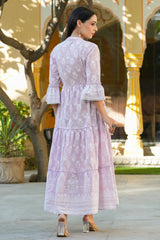 Women's Lavender Cambric Floral Printed Maxi Tiered Dress