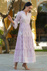 Women's Lavender Cambric Floral Printed Maxi Tiered Dress